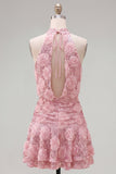 Vestido corto de bienvenida rosa con cuello halter y lentejuelas en línea A con flores 3D