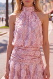 Vestido corto de bienvenida rosa con cuello halter y lentejuelas en línea A con flores 3D