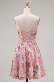 Vestido de bienvenida floral rosa con tirantes finos en línea A con cordones en la espalda y bordado