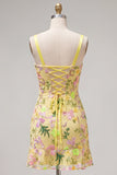 Vestido de bienvenida amarillo bodycon bordado floral bordado con volantes y encaje en la espalda