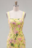 Vestido de bienvenida amarillo bodycon bordado floral bordado con volantes y encaje en la espalda