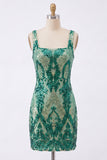 Vestido de bienvenida a casa con lentejuelas bodycon cuello cuadrado verde oscuro brillante