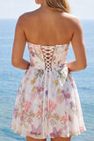 Vestido de Homecoming sin tirantes de marfil floral de gasa con chiffon y sin tirantes