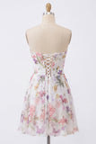 Vestido de Homecoming sin tirantes de marfil floral de gasa con chiffon y sin tirantes