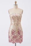 Vestido de bienvenida a casa, lentejuelas bodycon dorado y rosa sin tirantes, brillante