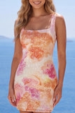 Vestido de bienvenida a casa con lentejuelas naranjas con cuello cuadrado y brillante bodycon