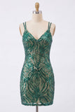 Vestido de Homecoming con lentejuelas verde oscuro con lentejuelas Bodycon brillante