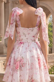 Vestido de bienvenida de chiffon de chiffon en línea A de flor rosa blanca