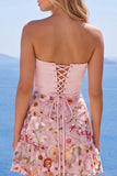 Corsé rosa sin tirantes A-Line Vestido floral de bienvenida con volantes