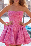 Vestido de bienvenida rosa brillante floral sin tirantes en línea A de Jacquard con lazos y encaje en la espalda