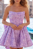 Vestido de bienvenida rosa brillante floral sin tirantes en línea A de Jacquard con lazos y encaje en la espalda