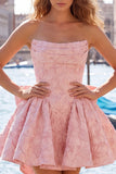 Vestido de bienvenida rosa brillante floral sin tirantes en línea A de Jacquard con lazos y encaje en la espalda