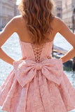 Vestido de bienvenida rosa brillante floral sin tirantes en línea A de Jacquard con lazos y encaje en la espalda