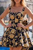 Vestido de bienvenida Jacquard con escote cuadrado azul claro y cordón en la espalda