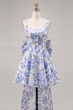 Vestido de bienvenida Jacquard con escote cuadrado azul claro y cordón en la espalda