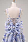 Vestido de bienvenida Jacquard con escote cuadrado azul claro y cordón en la espalda