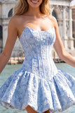 Vestido de bienvenida sin tirantes de corsé floral Jacquard azul A-Line