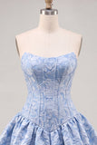 Vestido de bienvenida sin tirantes de corsé floral Jacquard azul A-Line