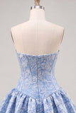 Vestido de bienvenida sin tirantes de corsé floral Jacquard azul A-Line