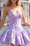 Vestido de bienvenida sin tirantes de corsé floral Jacquard azul A-Line