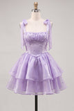 Vestido de bienvenida a casa con perlas lilas y cuento de hadas con capas en la espalda