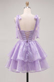 Vestido de bienvenida a casa con perlas lilas y cuento de hadas con capas en la espalda