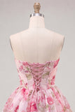 Vestido de bienvenida con chiffon floral rosa A-Line y encaje hacia atrás