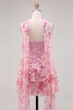 Vestido de bienvenida a casa, corsé rosa A-line con cuentas florales y cuentas y bufanda al cuello