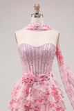 Vestido de bienvenida a casa, corsé rosa A-line con cuentas florales y cuentas y bufanda al cuello