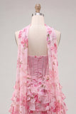 Vestido de bienvenida a casa, corsé rosa A-line con cuentas florales y cuentas y bufanda al cuello