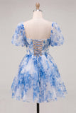 Corsé azul de cuello cuadrado con vestido floral de bienvenida a casa, con encaje en la espalda