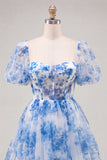 Corsé azul de cuello cuadrado con vestido floral de bienvenida a casa, con encaje en la espalda