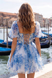 Corsé azul de cuello cuadrado con vestido floral de bienvenida a casa, con encaje en la espalda