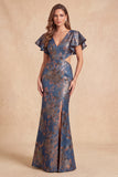 Vestido formal largo largo con corte floral en sirena Jacquard y cuello en V azul marino y abertura