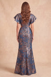 Vestido formal largo largo con corte floral en sirena Jacquard y cuello en V azul marino y abertura