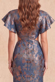 Vestido formal largo largo con corte floral en sirena Jacquard y cuello en V azul marino y abertura