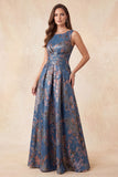 Vestido formal largo largo y arrugado de Jacquard azul marino con cuello redondo y frotado