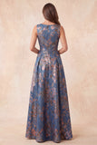 Vestido formal largo largo y arrugado de Jacquard azul marino con cuello redondo y frotado