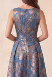 Vestido formal largo largo y arrugado de Jacquard azul marino con cuello redondo y frotado