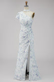 Vestido formal largo de sirena floral lila de chifón con abertura