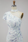 Vestido formal largo de sirena floral lila de chifón con abertura