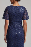 Sirena azul marino brillante Mangas aleteantes Lentejuelas Vestido midi de madre de novia con abertura