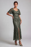 Sirena azul marino brillante Mangas aleteantes Lentejuelas Vestido midi de madre de novia con abertura