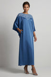 Vestido midi de madre de la novia azul de cuello redondo con lentejuelas