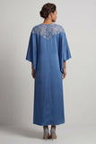 Vestido midi de madre de la novia azul de cuello redondo con lentejuelas