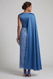 Vestido midi de sirena de cuello redondo azul con capa lateral