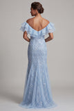 Sirena azul claro con volantes descubierto, vestido largo de madre de la novia con hombros