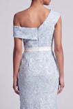 Vestido midi de madre de la novia de un hombro azul polvoriento sirena