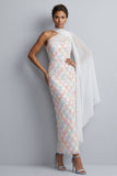 Vestido midi de madre de la novia de un hombro con lentejuelas azul claro sirena