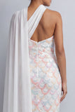 Vestido midi de madre de la novia de un hombro con lentejuelas azul claro sirena